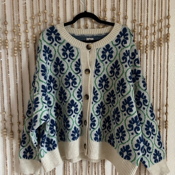 Anthropologie Maeve Blue Floral Pop Graphic Intarsia Cardigan Sweater Jacquard - Picture 2 of 10